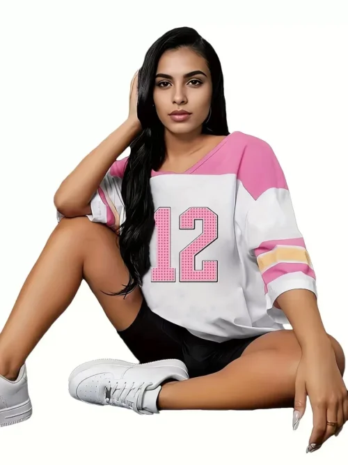 kf-Sbe1782114e0f44feb644bf63290beaa6S.webp NO.12 Print Women PLUS SIZE V-Neck Short Sleeve T-Shirt Baseball Jerseys Stripe Sport T-Shirt Women clothing