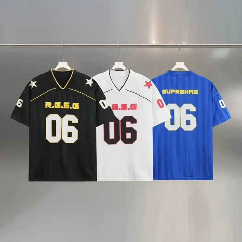 kf-Sed9d5959269547d59b6fa30bcfdd9a44n.webp European and American Street Fashion Brands Loose Fit for Couples American Retro Sports Jerseys Short Sleeved Football Jerseys